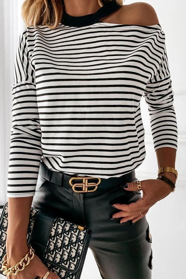 Striped Round Neck Off Shoulder T-shirt