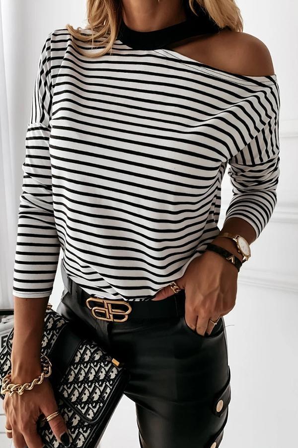 Striped Round Neck Off Shoulder T-shirt