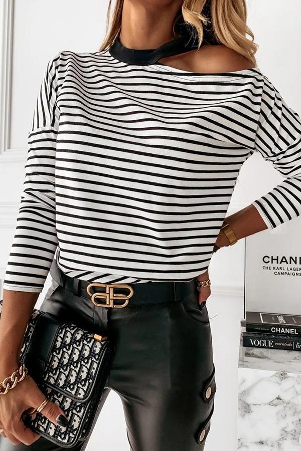 Striped Round Neck Off Shoulder T-shirt