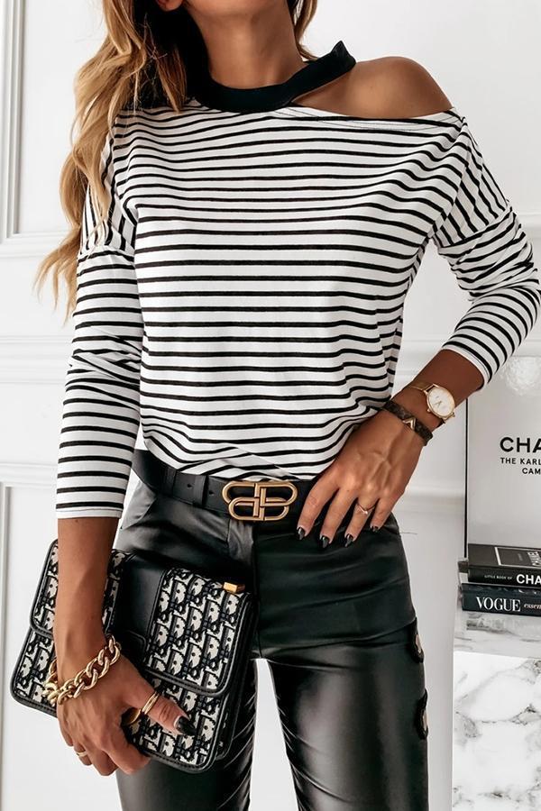 Striped Round Neck Off Shoulder T-shirt