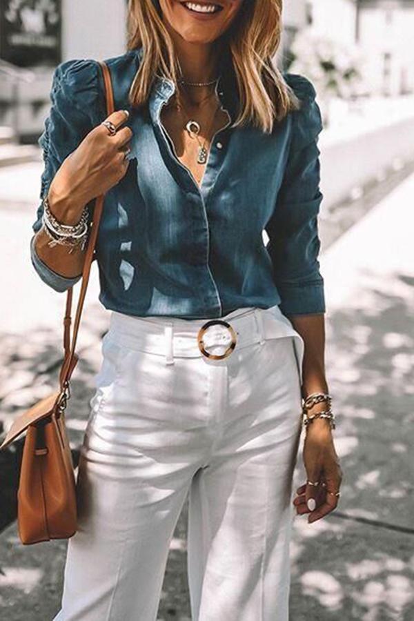 Pleated Sleeve V Neck Denim Blouse