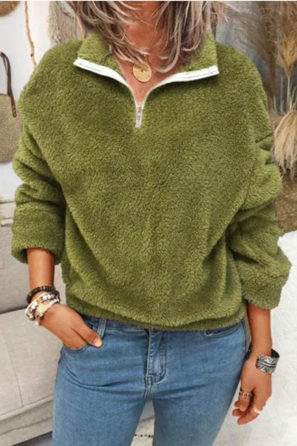 Fluffy Solid Color Lapel Sweatshirt