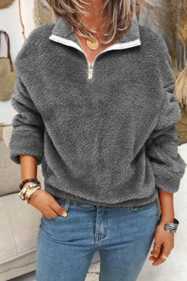 Fluffy Solid Color Lapel Sweatshirt