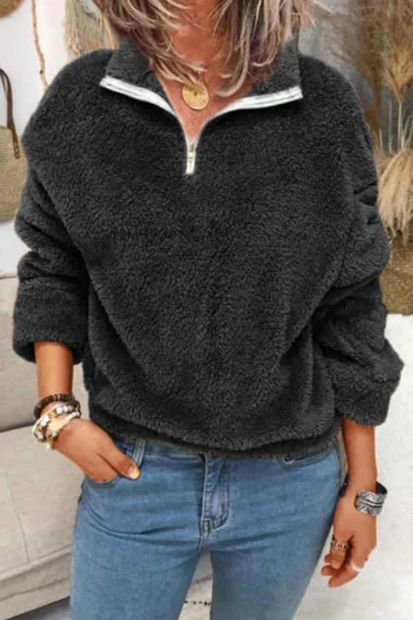 Fluffy Solid Color Lapel Sweatshirt