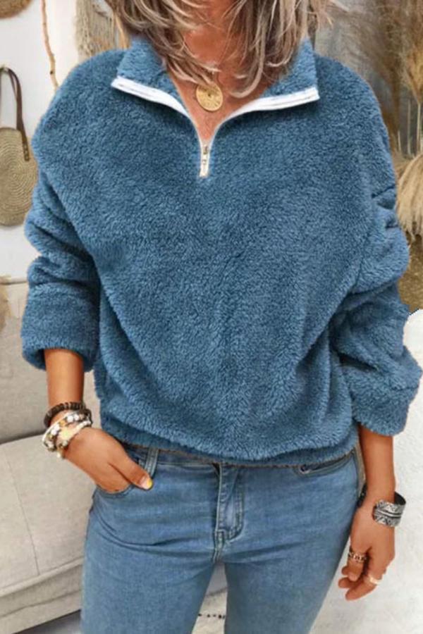 Fluffy Solid Color Lapel Sweatshirt