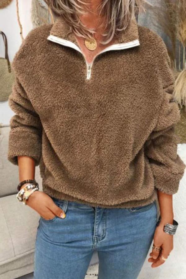 Fluffy Solid Color Lapel Sweatshirt