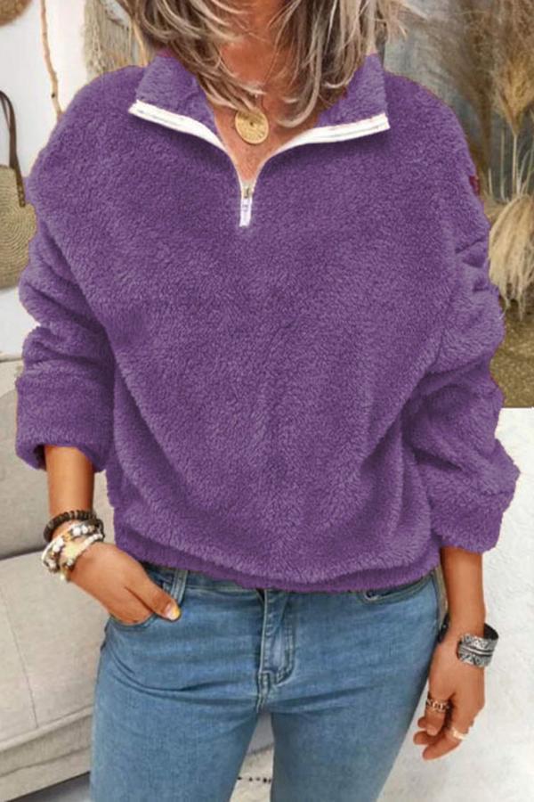 Fluffy Solid Color Lapel Sweatshirt