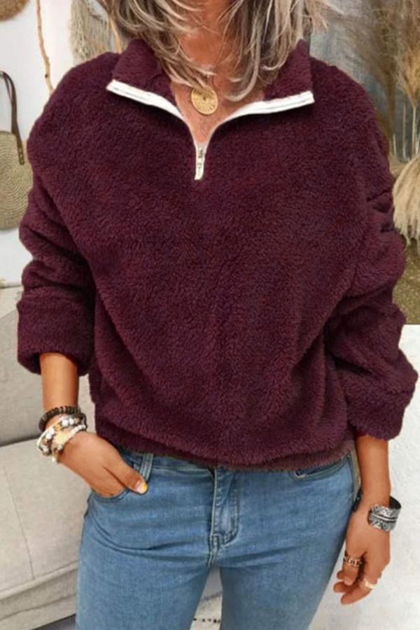 Fluffy Solid Color Lapel Sweatshirt