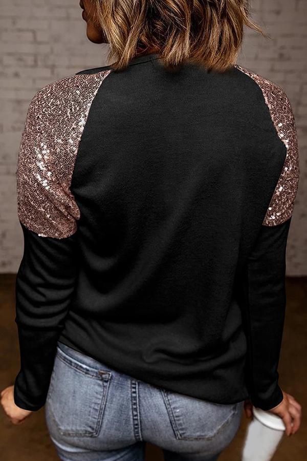 Sequins Patchwork Round Collar T-Shirt