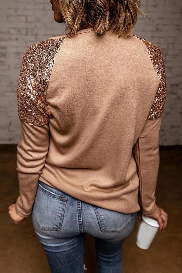 Sequins Patchwork Round Collar T-Shirt