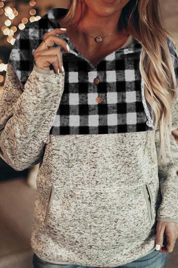 Pocket Lapel Plaid Patchwork Sweatshirt