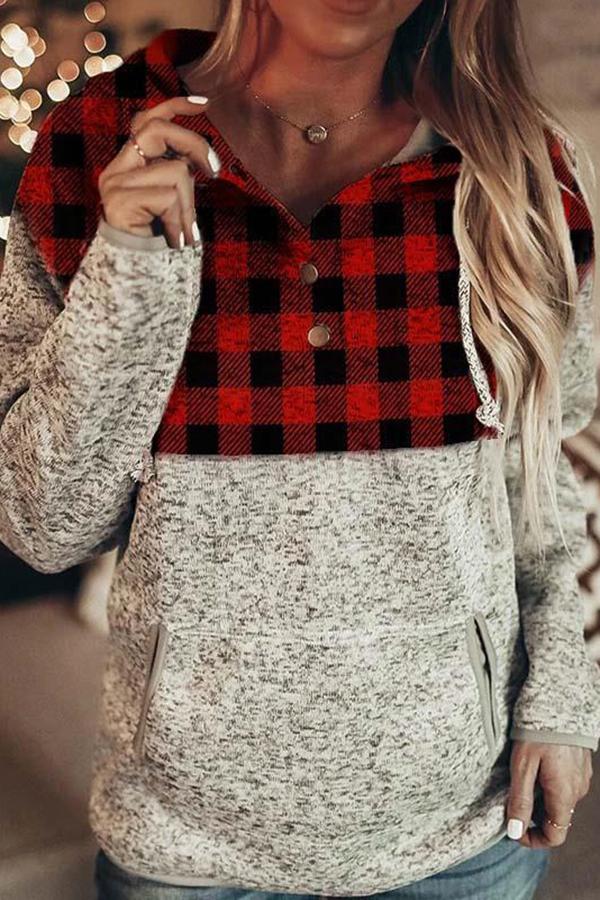 Pocket Lapel Plaid Patchwork Sweatshirt