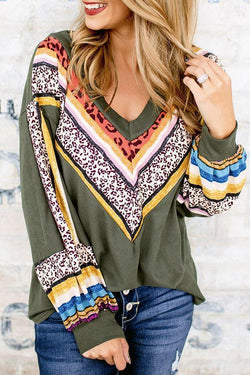 Leopard  Patchwork Deep V Neck T-Shirt