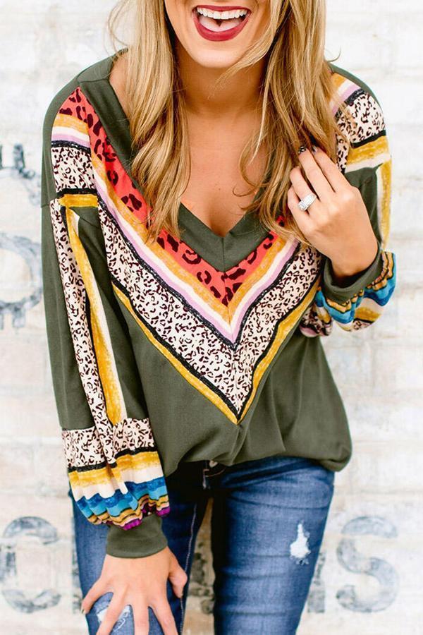 Leopard  Patchwork Deep V Neck T-Shirt