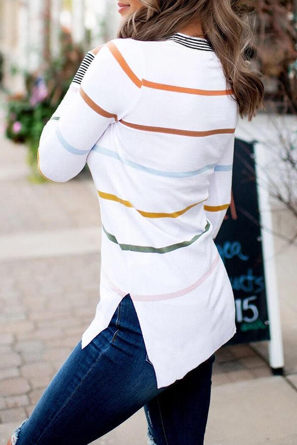 Long Sleeve Color Stripe Round Neck T-Shirt