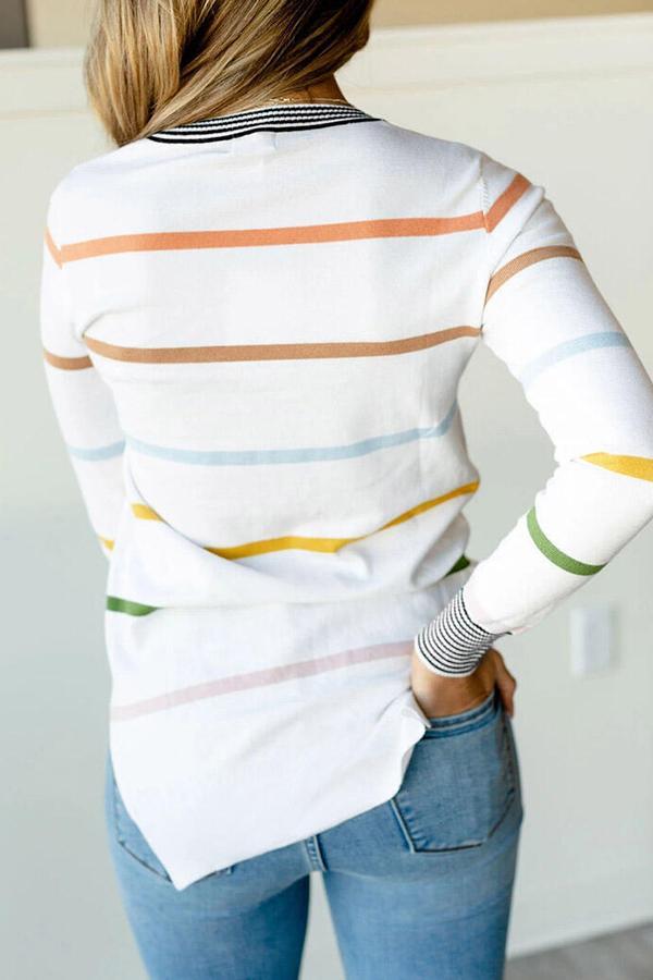 Long Sleeve Color Stripe Round Neck T-Shirt