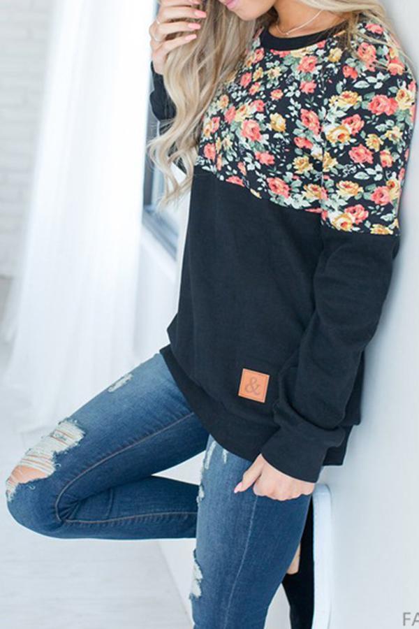 Flower Print Round Neck Sweatshirt