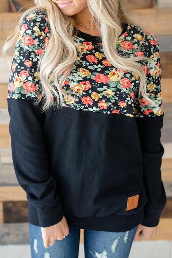 Flower Print Round Neck Sweatshirt