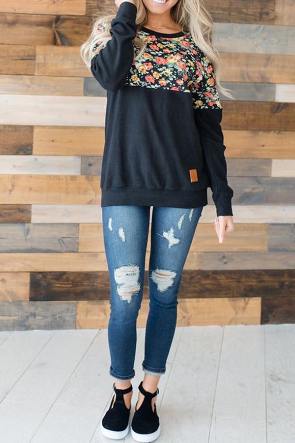 Flower Print Round Neck Sweatshirt