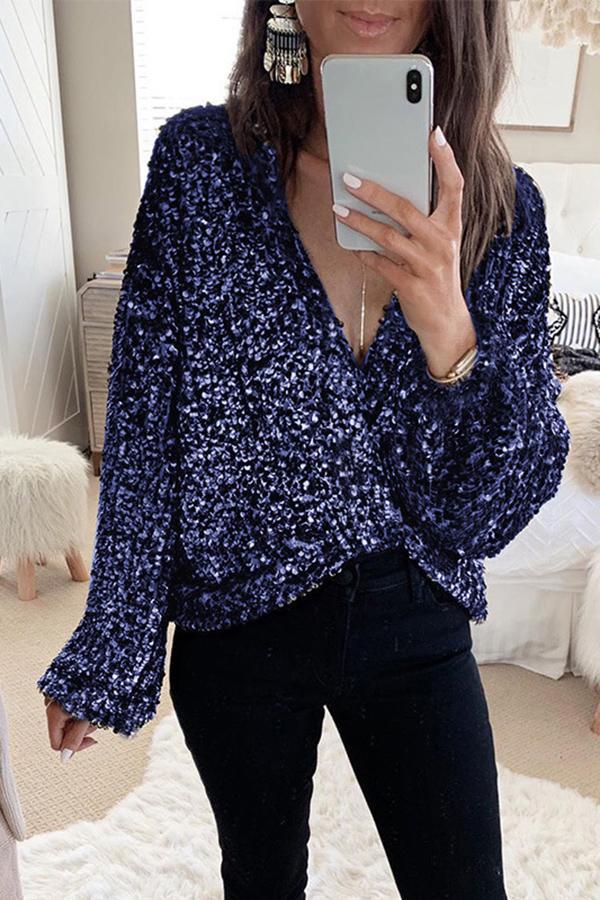 Sexy Sequined Deep V Neck Blouse