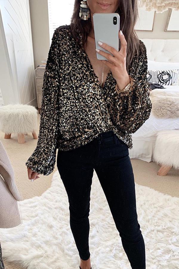 Sexy Sequined Deep V Neck Blouse