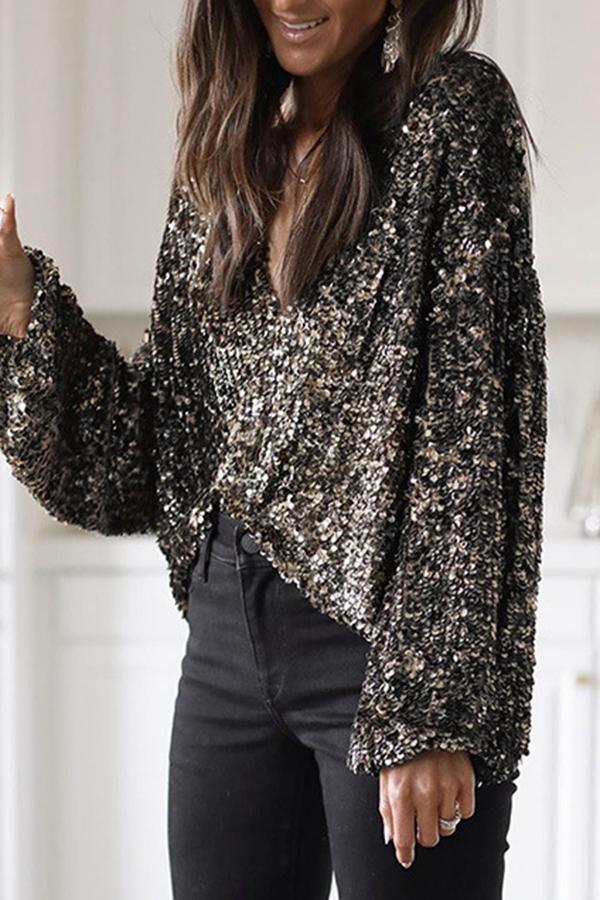 Sexy Sequined Deep V Neck Blouse