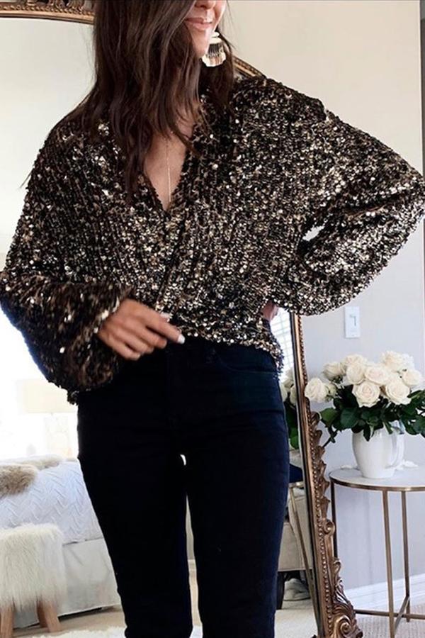 Sexy Sequined Deep V Neck Blouse