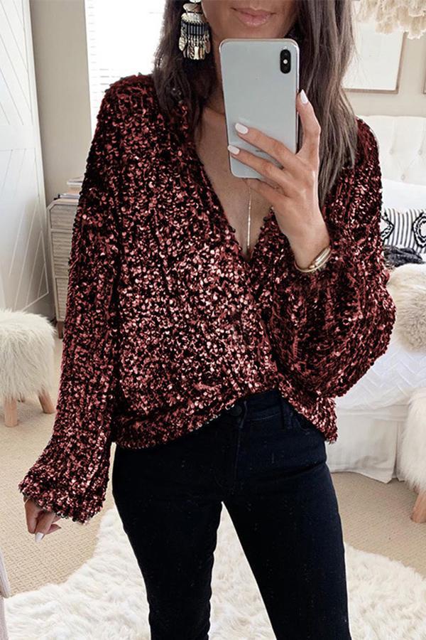 Sexy Sequined Deep V Neck Blouse