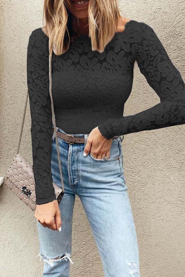 Sweet Casual Wear Round Neck Lace T-Shirt