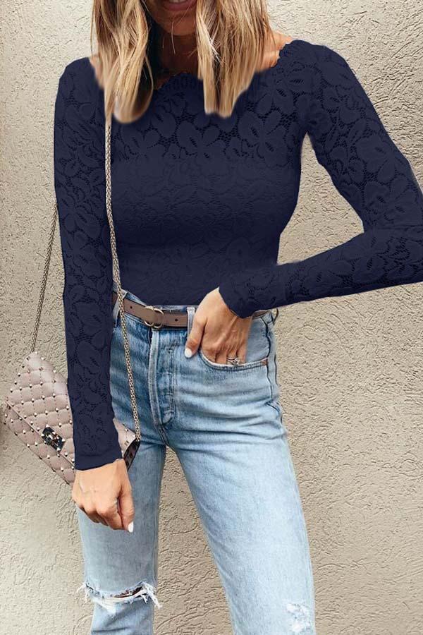 Sweet Casual Wear Round Neck Lace T-Shirt