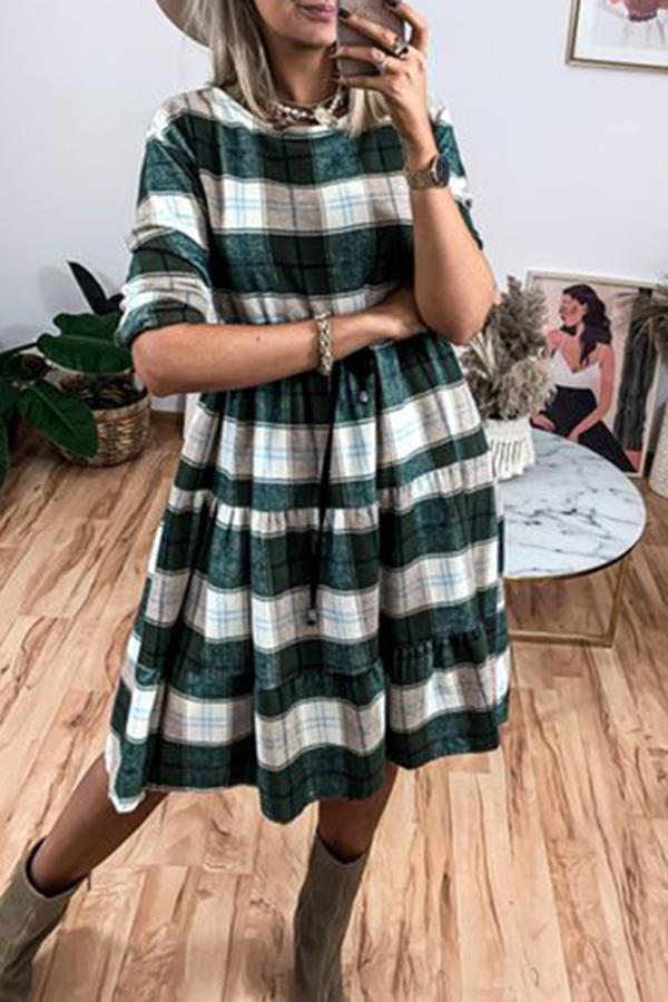 Feminine Tartan Round Neck Midi Dress