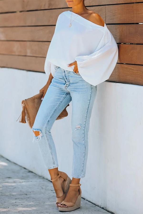 Solid Color Lantern Sleeve Blouse 