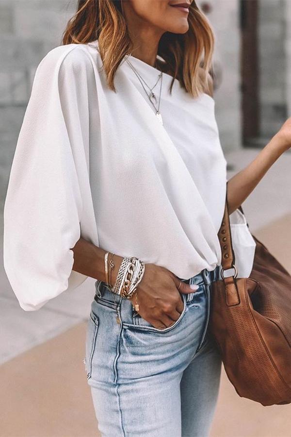 Solid Color Lantern Sleeve Blouse