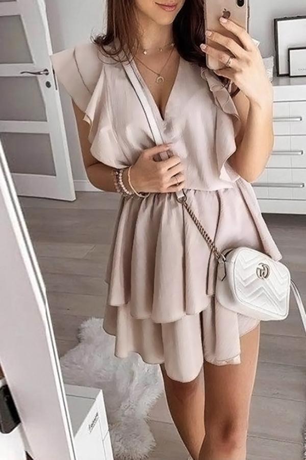 Chiffon Ruffled Solid Color Dress