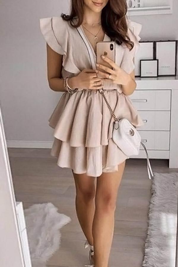 Chiffon Ruffled Solid Color Dress