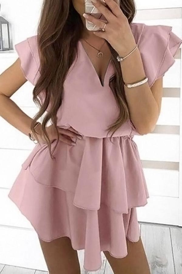 Chiffon Ruffled Solid Color Dress