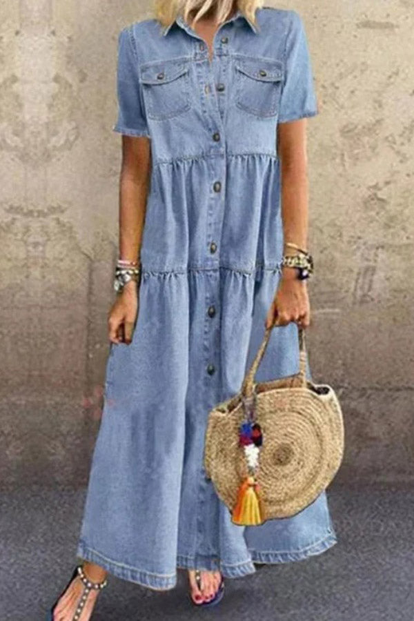 Tiered Button Down Denim Maxi Dress