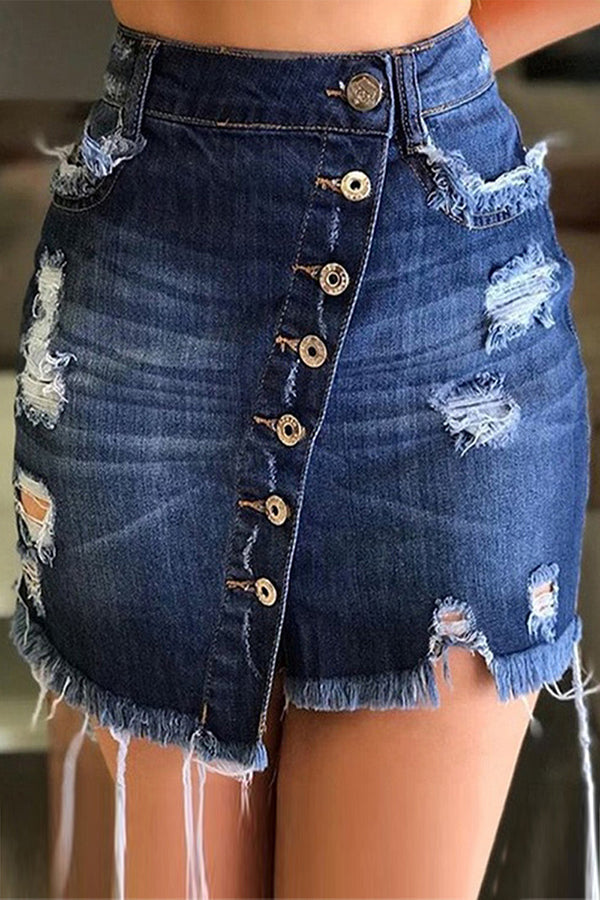 Distressed Button Front Ripped A-Line Denim Short Skirt