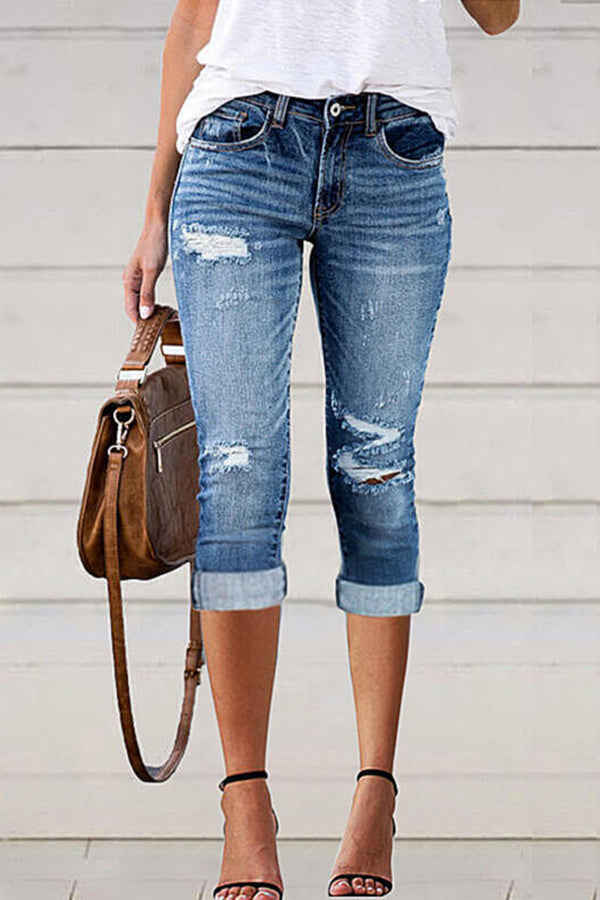 Ripped Low Waist Capris Denim Pants