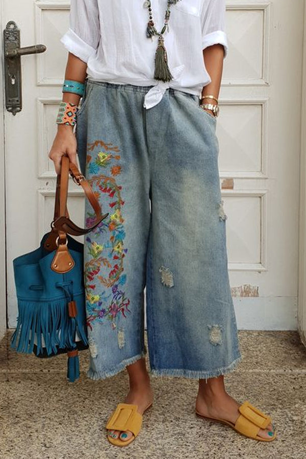 Boho Stretch Waist Embroidered Denim Wide-Leg Pants