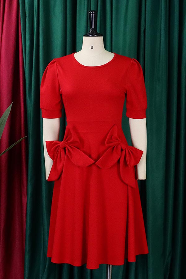 Red Bow Short-Sleeved Dress