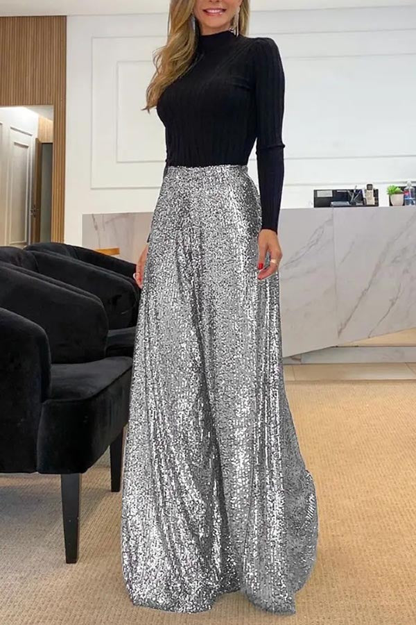 Casual Solid Sequins Loose Mid Waist Wide Leg Solid Color Bottoms(3 Colors)