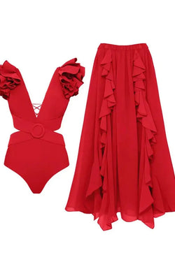 Deep V Red Cutout One Piece Swimsuit And Skirt