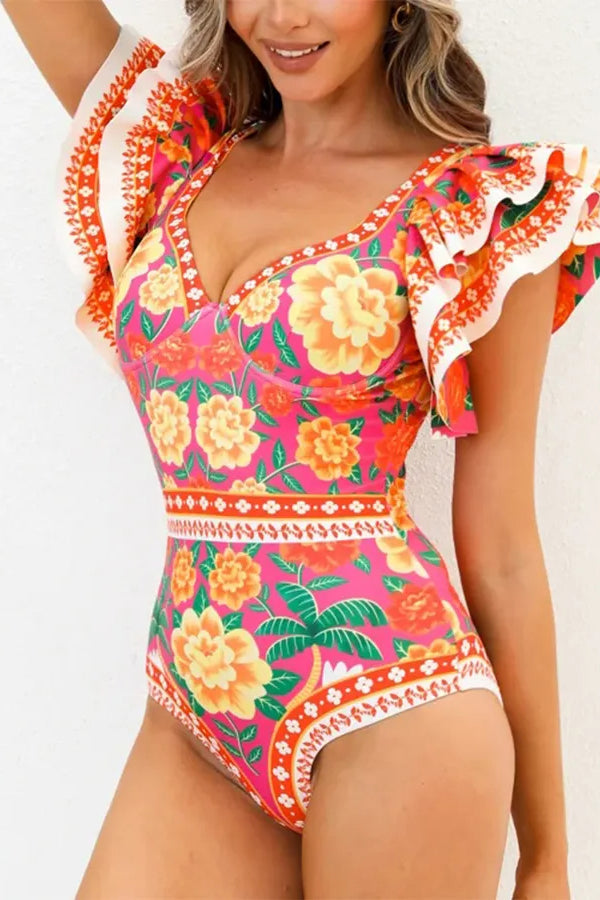 Vintage Ruffled Floral Print Swimsuit