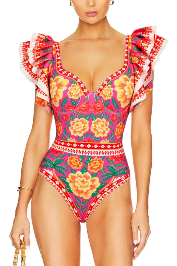 Vintage Ruffled Floral Print Swimsuit