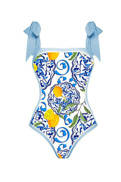 Lemon Print Tie-shoulder One Piece Swimsuit and Sarong