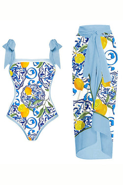 Lemon Print Tie-shoulder One Piece Swimsuit and Sarong