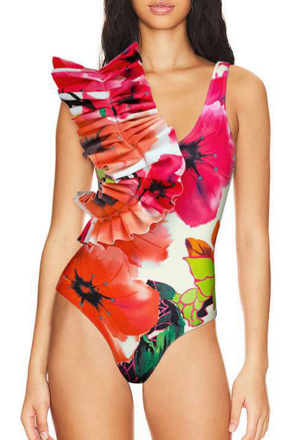 Ruffled Floral Print One Piece Swimsuit and Skirt