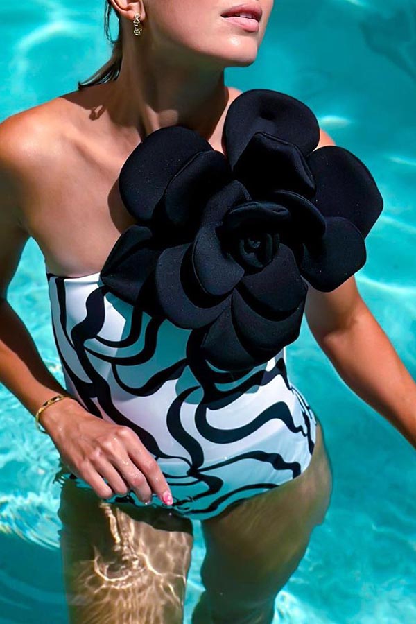 3D Flower One Shoulder One Piece Swimsuit and Skirt