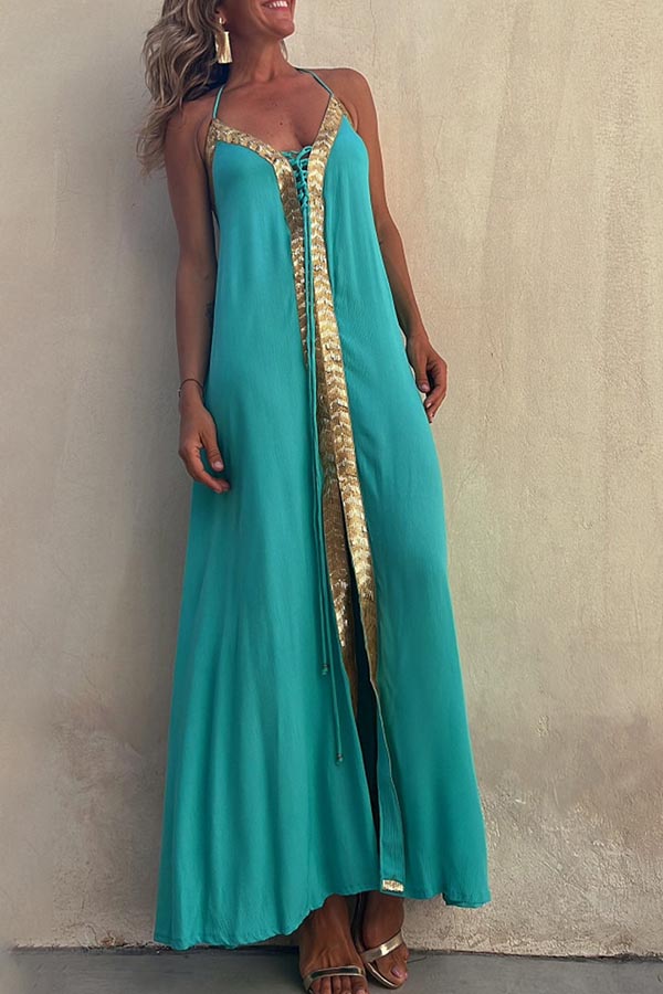 Paneled Sleeveless Lace-Up Holiday Maxi Dress